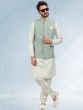 White Kurta Pyjama With Green Embroidered Jacket