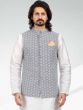 White Kurta Pyjama With Grey Embroidered Jacket