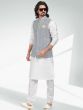 White Kurta Pyjama With Grey Embroidered Jacket