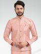 Peach Mens Kurta Pyjama With Embroidered Jacket