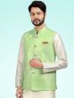 White Kurta Pajama With Green Jacquard Jacket