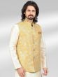 White Mens Kurta Pyjama With Woven Yellow Jacket