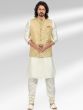 White Mens Kurta Pyjama With Woven Yellow Jacket