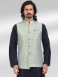 Blue Kurta Pyjama With Woven Nehru Jacket