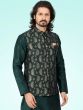 Green Plain Kurta Pyjama With Woven Jacket