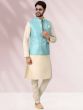 Readymade Cream Kurta Pyjama With Blue Jacket