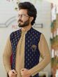 Beige Kurta Pajama With Printed Jacket Set