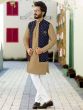 Beige Kurta Pajama With Printed Jacket Set