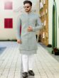 Grey Festive Kurta Pyjama With Embroidered Jacket