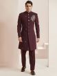 Maroon Readymade Embroidered Indo Western In Silk
