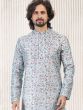 Blue Floral Printed Kurta Pyjama In Silk