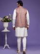 White Festive Kurta Pyjama With Printed Jacket