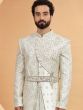 White Wedding Wear Grooms Silk Fabric Sherwani
