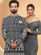 Black Chikankari Designed Mens Sherwani