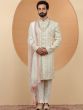 Cream Embroidered Silk Sherwani For Groom
