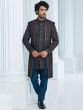 Teal Blue Thread Embroidered Indo Western For Men