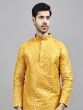 Yellow Readymade Sequined Kurta Pyjama In Silk 