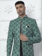 Teal Green Jacketed Style Mens Indowestern In Silk