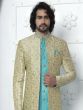 Turquoise Floral Woven Mens Jacketed Indowestern