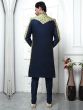 Navy Blue Jacketed Style Mens Indowestern In Floral Woven