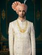 White Achkan Styled Sherwani In Stone Embroidery