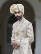 Cream Anarkali Styled Mens Embroidered Sherwani In Silk
