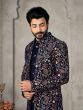Navy Blue Silk Jacketed Style Indowestern In Floral Work