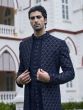 Navy Blue Jackted Mens Indowestern In Heavy Embroidery