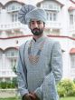 Blue Embroidered Readymade Silk Sherwani For Mens