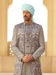 Grey Traditional Foil Printed Mens Indowestern In Jacketed Style
