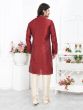 Cherry Red Mens Kurta Pyjama Set In Jacquard Silk