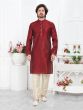 Cherry Red Mens Kurta Pyjama Set In Jacquard Silk