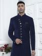 Navy Blue Velvet Achakn Style Indowestern Set For Mens