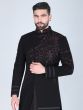 Black Asymmetric Pattern Indowestern Set In Silk