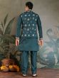 Teal Blue Silk Kurta Pyjama Set With Nehru Jacket