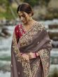 Brown Floral Sequin Embellished Saree In Silk