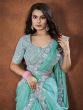 Sea Green Satin Silk Saree In Thread Embroidered Lace