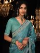 Teal Blue Thread Enhanced Wedding Saree In Tissue Silk