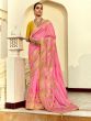 Flamingo Pink Zari Work Saree In Silk With Blouse