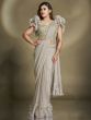 Grey Wedding Wear Ruffle Saree In Satin Silk