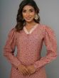 Peach Printed Kurta And Pant Set In Cotton