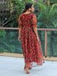Deep Red Floral Printed Puffy Sleeved Gown