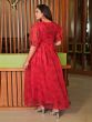 Cherry Red Gown In Organza With Puffy Sleeves