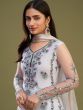 Grey Thread Embroidered Pant Style Suit In Net