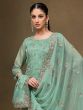 Turquoise Floral Thread Embroidered Pant Style Suit