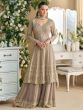 Beige Embroidered Palazzo Suit With Flare Kameez