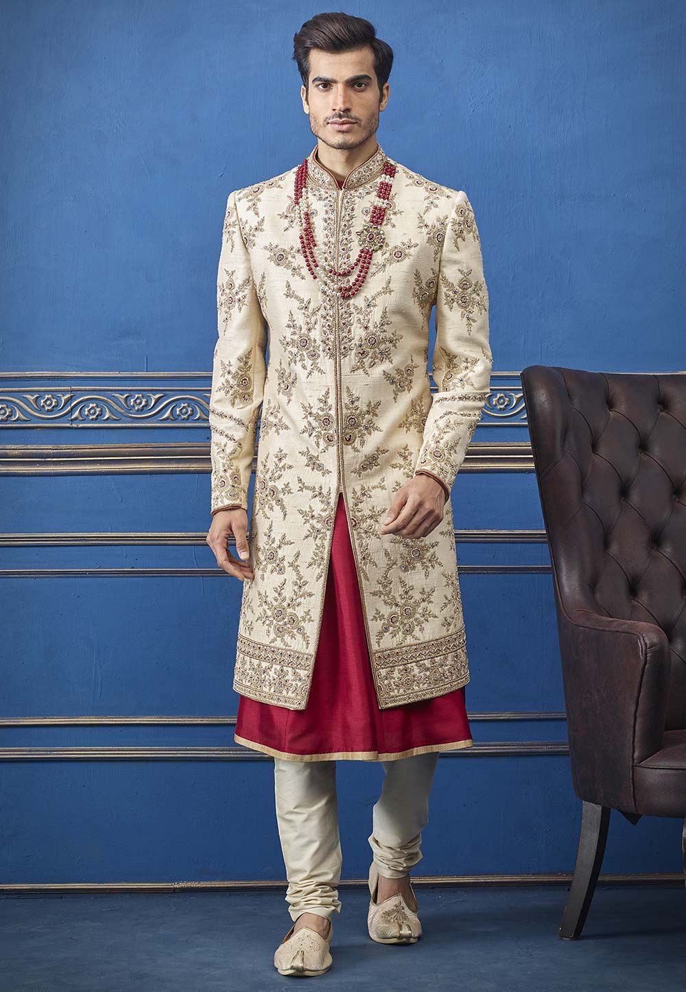 Cream Colour Silk Fabric Men's Sherwani.