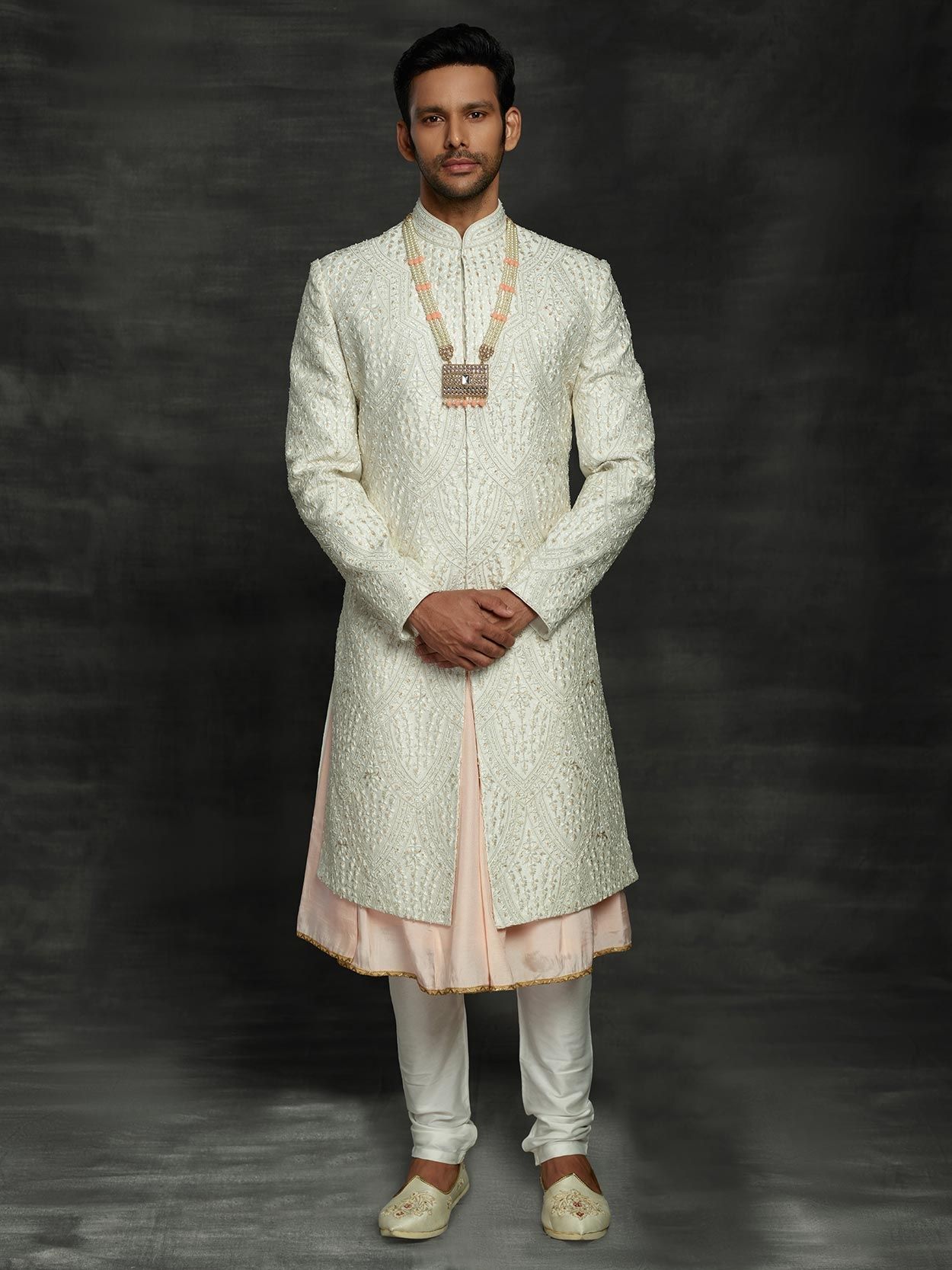 Off White Colour Silk Men's Sherwani.