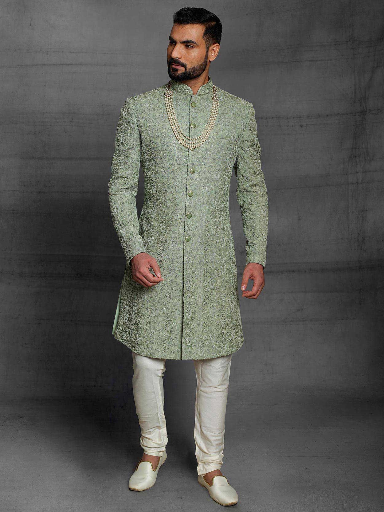 Green Colour Silk Fabric Mens Sherwani in Thread,Hand Work.