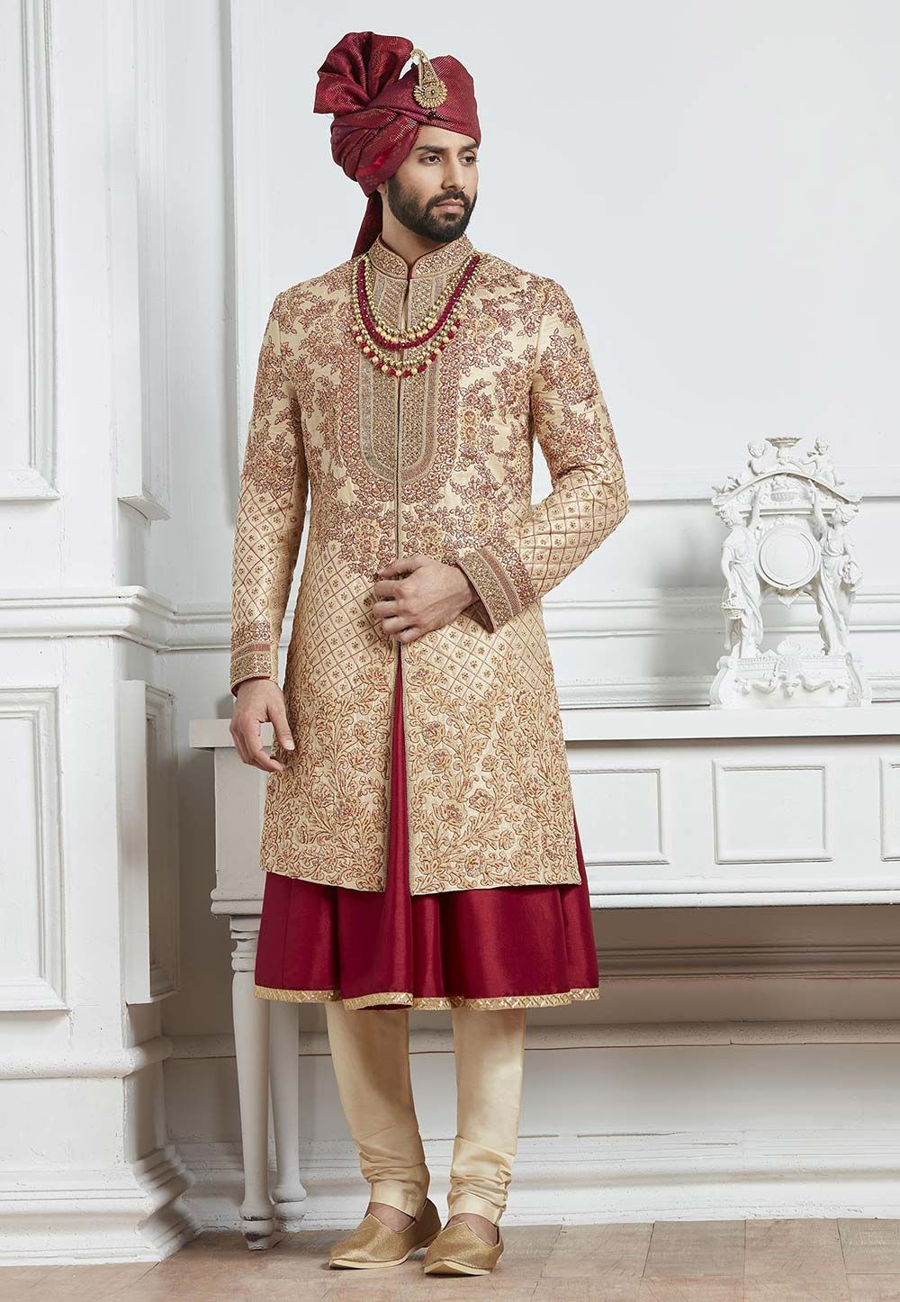 Peach Groom Sherwani In Georgette Lucknow Embroidered Fabric – Mehak  Boutique